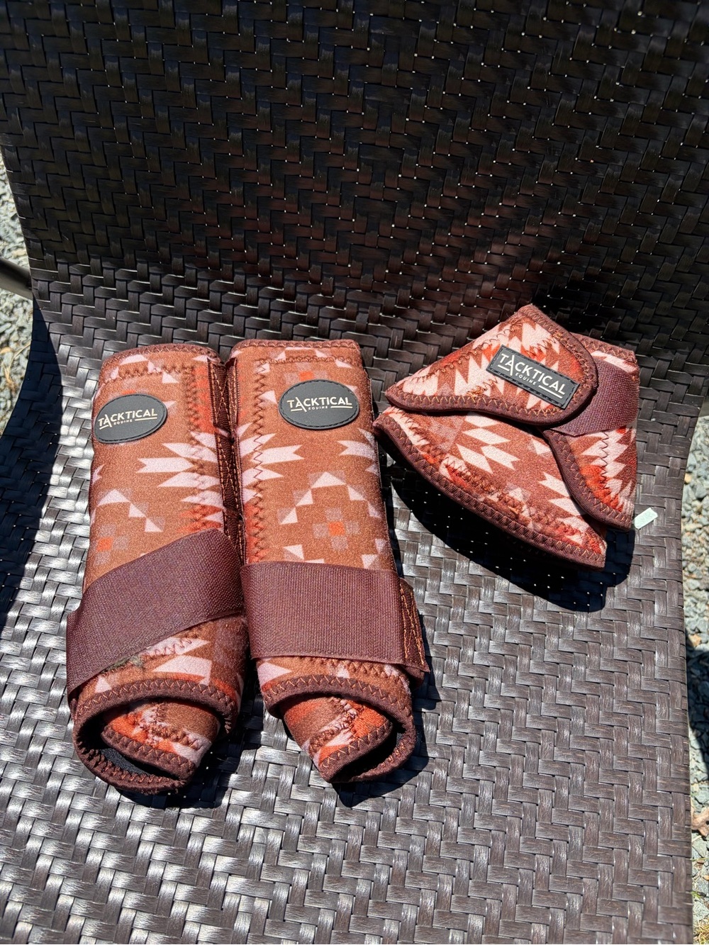 Tacktical Brown Aztec splint boots and bell boots. Brand new.